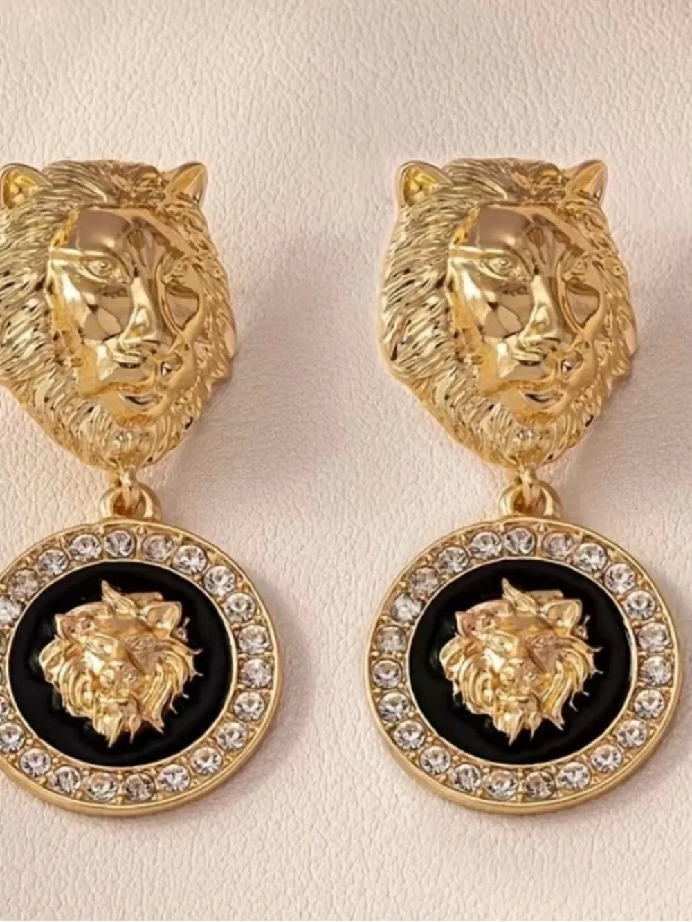 Gold Lion Head Drop Earrings w/ Black Disc Stud Statement Women’s Fashion NWT - Picture 2 of 6